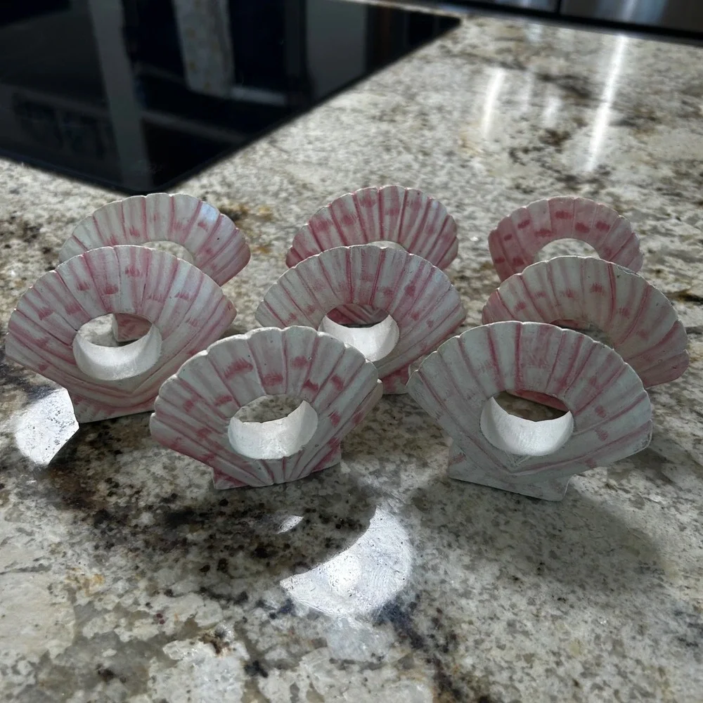 Vintage Set of 8 Wood Shell Napkin Rings Pink White Coastal Seashell Holders